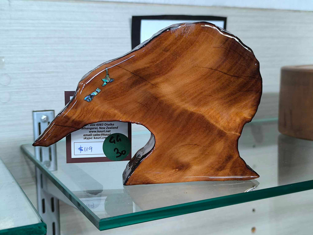 NZ Swamp Kauri Kiwi Table Art with Paua GG30