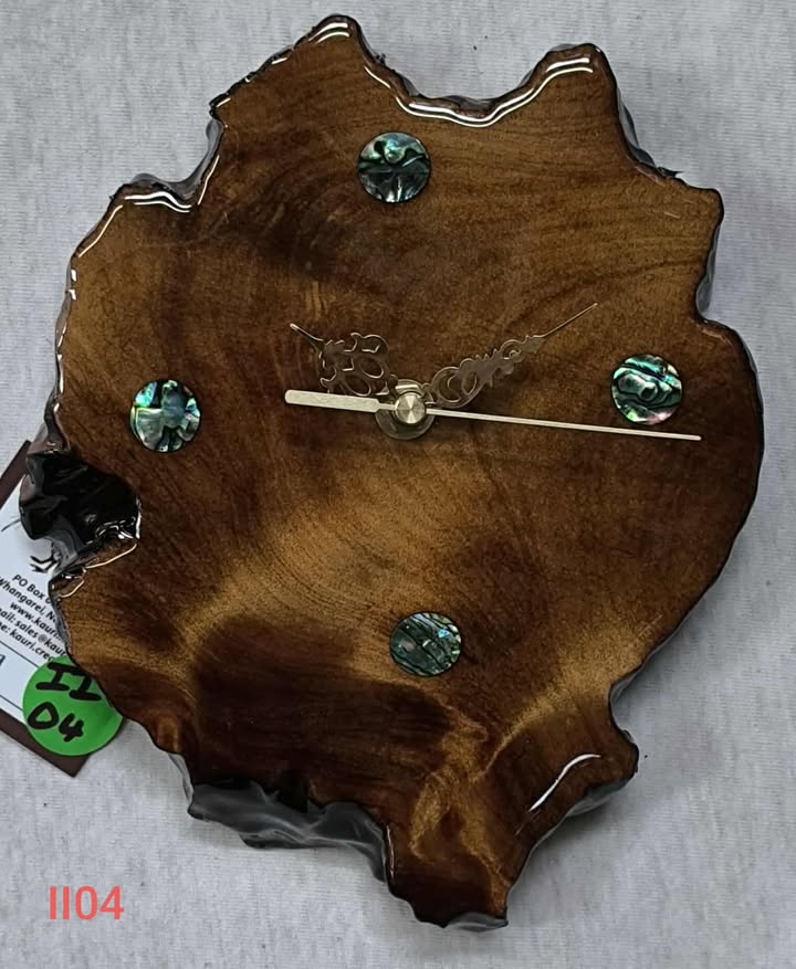 NZ Swamp Kauri with paua shell wall clock II04