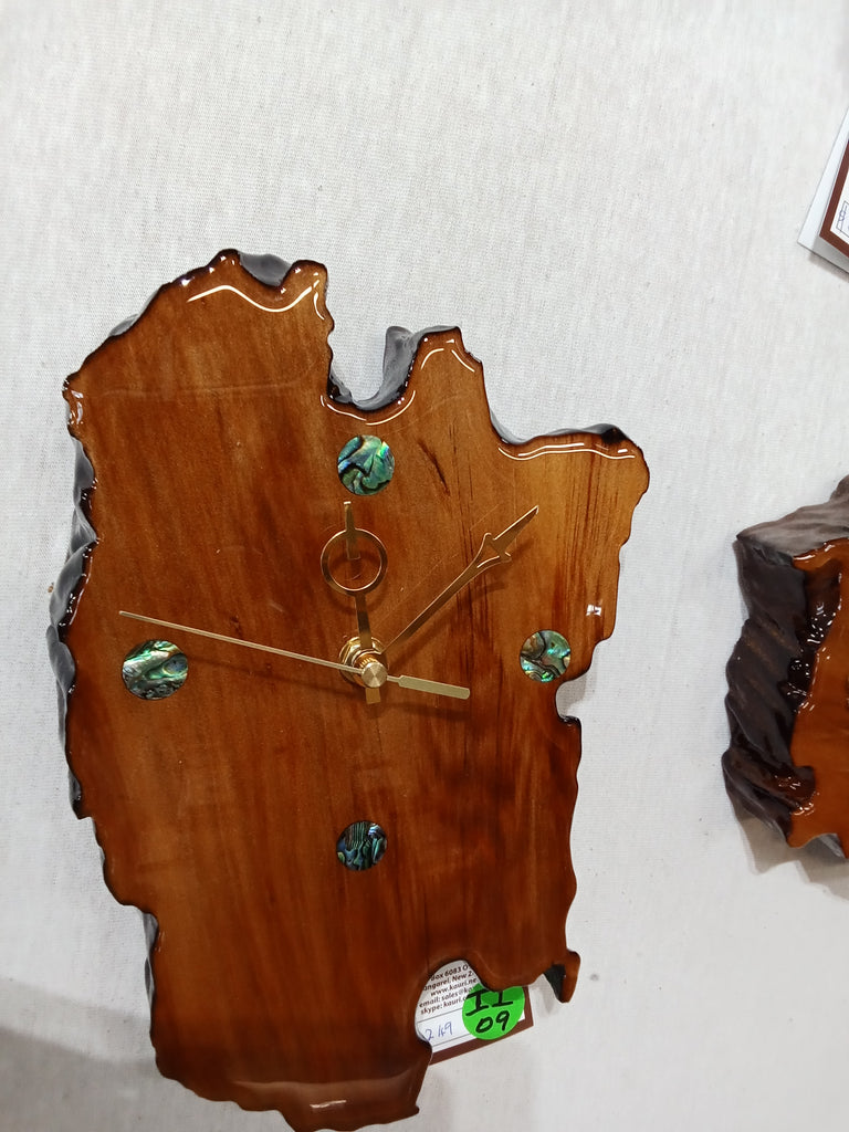 Swamp Kauri wall clock with paua inserts for number II09