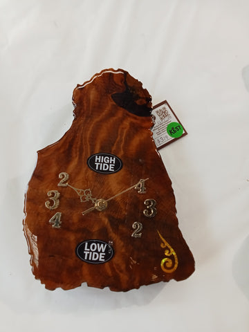Tide wall clock in ancient swamp kauri with gold paua fern frong KB57