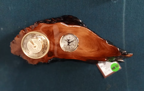 Wall clock in ancient swamp kauri with mini clock and weather Barometer Kc32